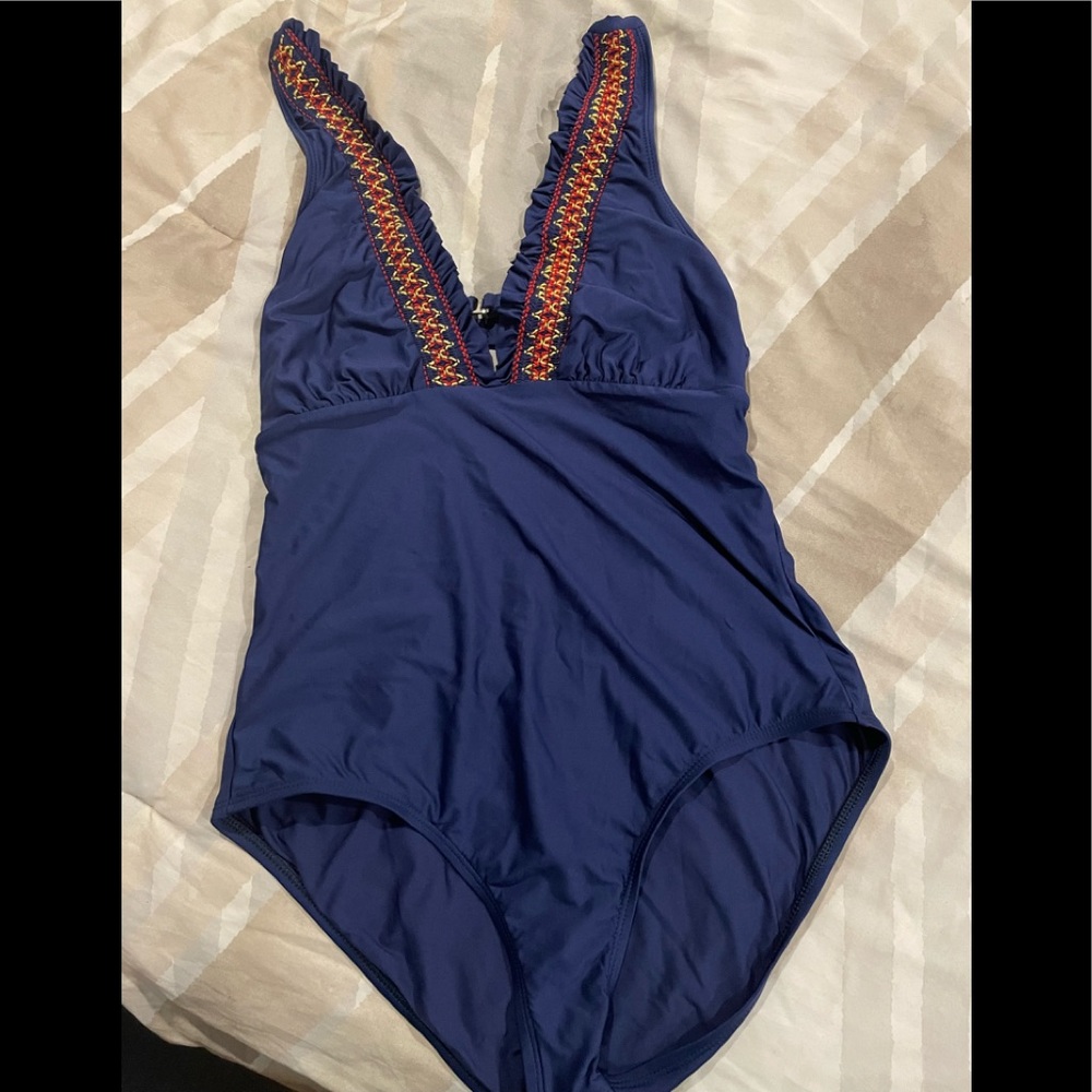 Splendid Navy full piece swimsuit/bathing suit large/L halter neck, open back